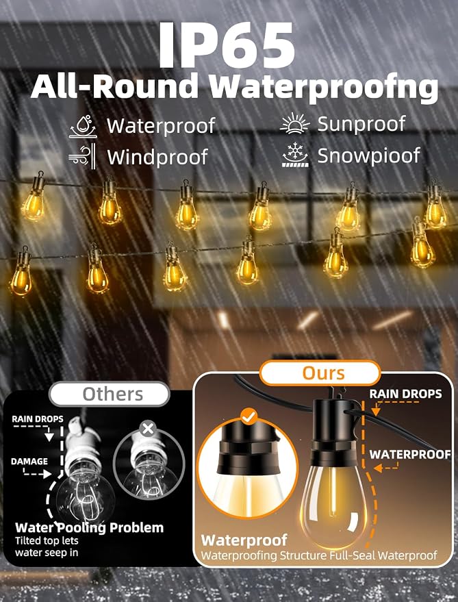 Outdoor Patio String Lights: S14 Shatterproof Bulb Outside Waterproof Light - 100FT 30M Remote Dimmable Connectable Hanging Outdoor Electric Lighting - Garden Backyard Yard Gazebo Porch Party