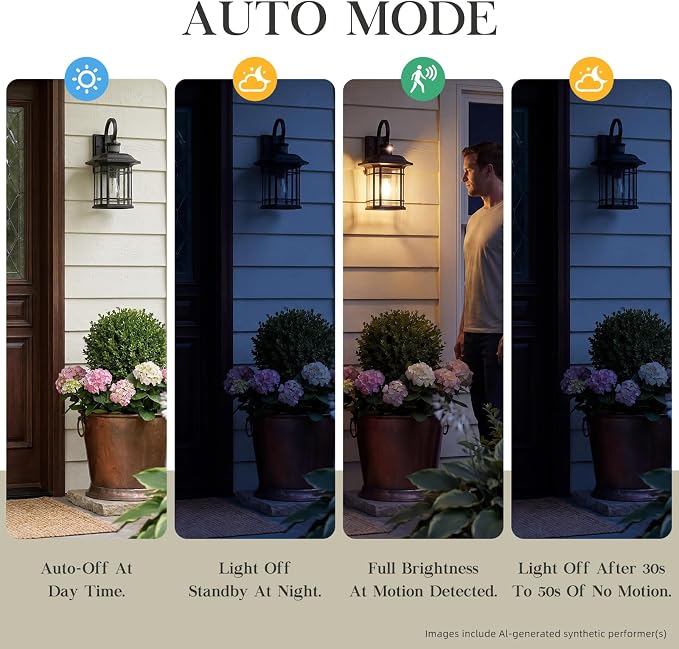 Emliviar 17.3" Motion Sensor Outside Wall Mounted Light, Large Exterior Front Door Lighting Fixtures for House, Outdoor Wall Lantern with Seeded Glass, Black Finish, 2084B-M-SE BK