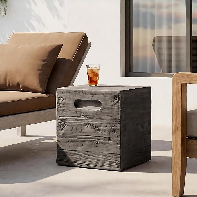 HOMPUS Outdoor Side Table w Groove Handle, Patio MgO Concrete Natural End Table, Square Accent Small Coffee Table for Garden, Patio, Porch and Deck, Antique Black