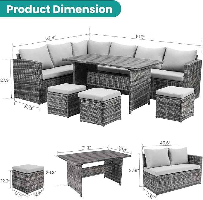 7-Piece Outdoor Patio Furniture Set with Dining Table, Chairs, and Ottoman, Brown Wicker Rattan Conversation Set with Ivory Cushions, All-Weather Patio Furniture for Garden, Porch, Backyard Lounging(B