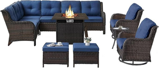 Belord Patio Furniture Set with Fire Pit Table,8 Piece Wicker Outdoor Furniture Set, Swivel Rocker Chairs with Ottomans and Sectional Couch, All Weather Patio Conversation Set,Brown Wicker/Blue
