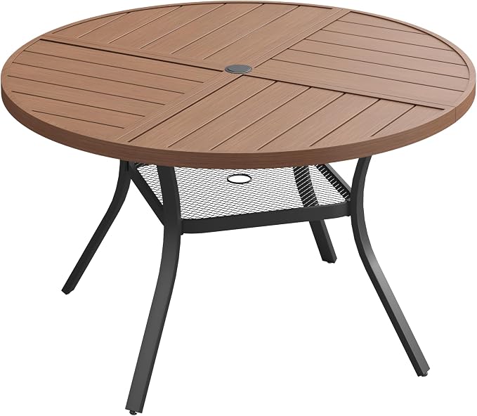 VICLLAX 40.6" Round Patio Dining Table for 4, All Weather Metal Outdoor Table with 1.57" Umbrella Hole and Storage Shelf for Garden Lawn Deck, Walnut