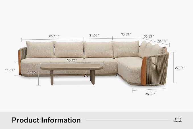 PURPLE LEAF 5-Piece Patio Furniture Set, L-Shaped Modular Outdoor Sectional Sofa with Genuine Teak, Olefin Fabric, 9" Thick Backrest & Aluminum Rope Coffee Table - Patio Conversation Sets