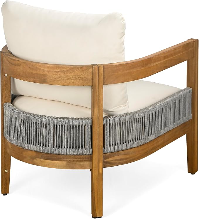 Merax 27.5" Outdoor Curved Accent Chair with All-Weather Cushions, Acacia Wood Frame Single Club Chair for Porch, Lawn, Backyard, Balcony, Teak+ Beige