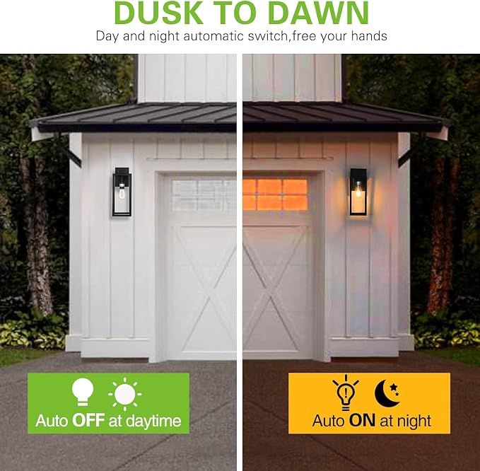 hykolity 16 Inch Dusk to Dawn Black Waterproof Outdoor Wall Light for Patio | Large Size Exterior Lantern with Glass Shade, Anti-Rust Outdoor Light Fixture Wall Mount for House, Patio, Garage, Backyard