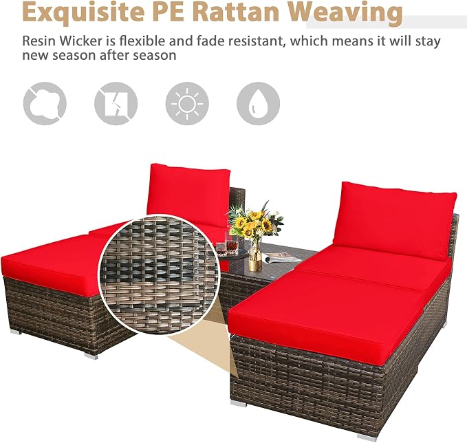 DORTALA Wicker Patio Furniture Set 5 Piece, Outdoor Conversation Sets with Chairs, Ottomans, Tempered Glass Table, Cushions, All Weather Rattan Sofa Couch for Balcony, Porch, Backyard, Deck, Red