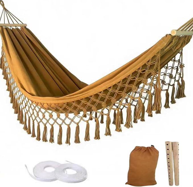 Bohemian Canvas Hammock with Tassels, Brown, 79"x39" | Soft Breathable Cotton Canvas Hammock,79x39in,2 Hanging Straps Wooden Bar;3 colors,compact for students renters dorm balcony