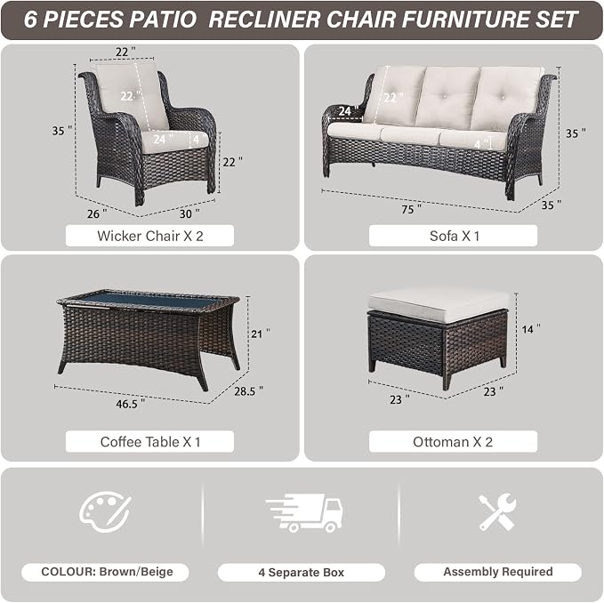 Belord Patio Wicker Sofa Set 6 Pieces Patio Furniture Set Outdoor Couch, 2 Patio Wicker Chairs with 1 Sofa, Coffee Table and Ottomans, Patio Conversation Set for Porch Garden Deck Balcony Poolside