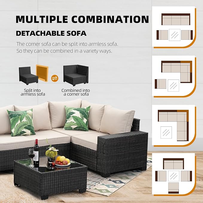 6-Piece Outdoor Patio Furniture Set, Modular Wicker Sectional Sofa with Thick Cushions & Coffee Table, All-Weather Rattan Conversation Set for Backyard, Porch, Poolside, Beige