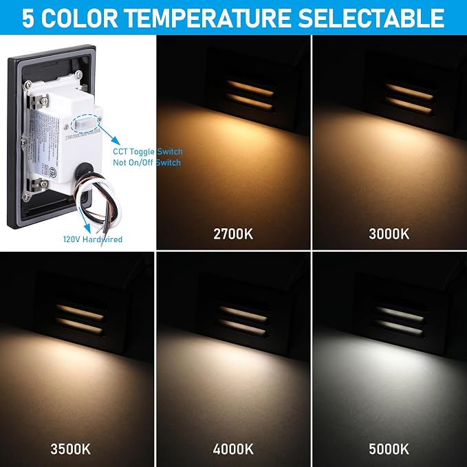LEONLITE 6-Pack 5CCT 120V LED Step Lights, Louvered, Black | Horizontal, 10%-100% Dimmable, CRI90, ETL, Indoor Outdoor Stair Lights, Wet Location, 2700K/3000K/3500K/4000K/5000K, Aluminum