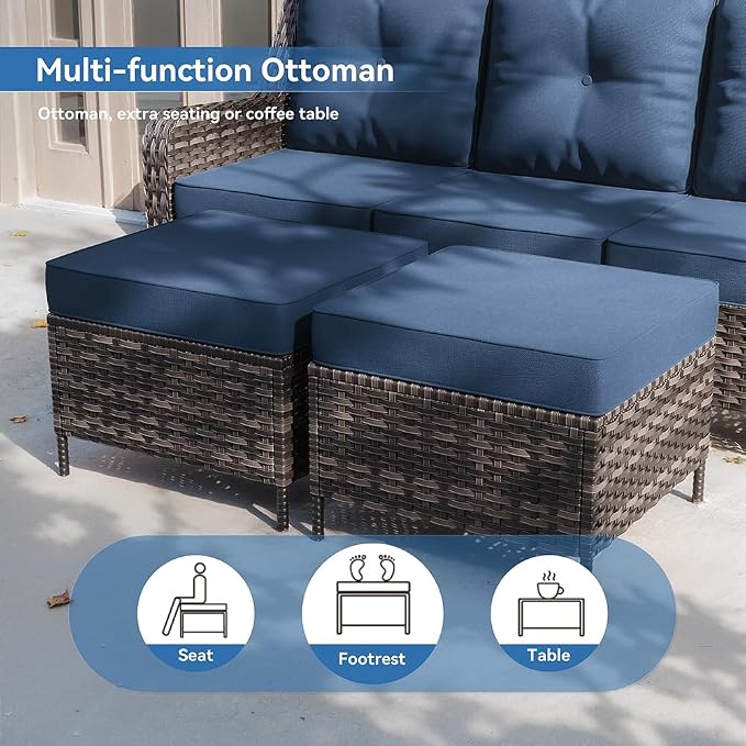 Kurapika 7-Piece Patio Furniture Set, Wicker Thick-Backed Outdoor Swivel Rocking Chair, Includes Coffee Table and Thick Cushions, Conversation Set for Porch,Patio, Navy Blue
