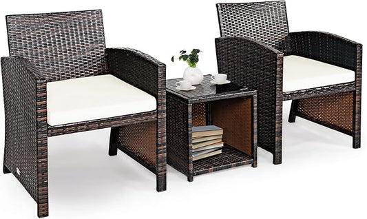 Tangkula 3-Piece Outdoor PE Rattan Furniture Set, Patio Conversation Set w/Chair & Storage Coffee Table, Detachable Cushion, Stable X-Shaped Frame, Perfect for Garden, Backyard, Poolside (White)