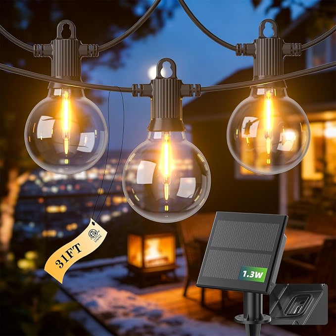 31FT Solar String Lights Outdoor Waterproof IP65 with USB-Charging , Solar Powered LED Patio Lights with 15+1 Shatterproof G40 Globe Bulbs, Hanging Lights for Outside Backyard Garden Bistro Gazebo