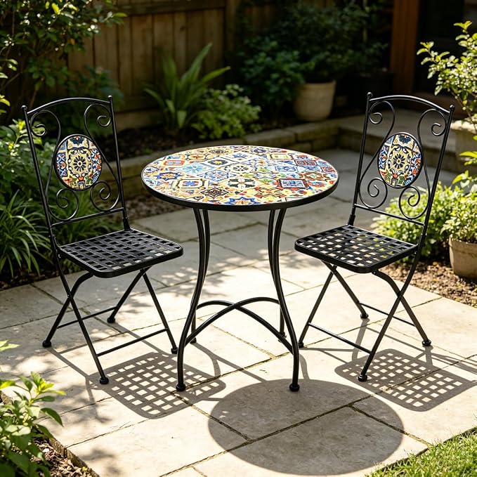 3 Piece Bistro Sets Mosaic Tile Round Table Folding Chairs Garden | Set of 3 Patio Furniture 23.6" Table and 2 Chairs Outdoor Bistro Chairs Artistic Table for Balcony Porch Apartment Backyard