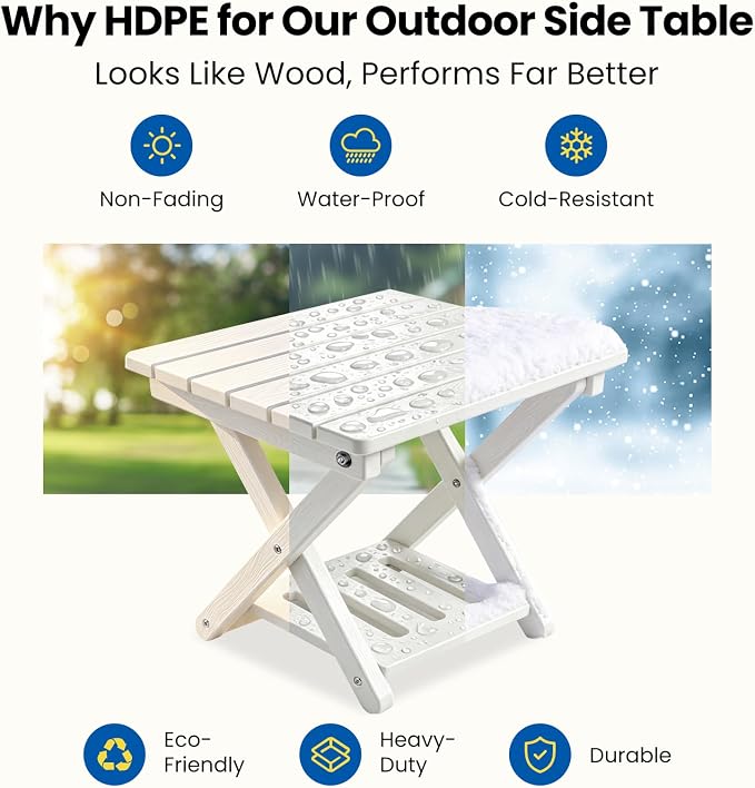Folding Outdoor Side Table, 2-Tier Storage Heavy Duty HDPE Patio End Table | No Assembly, Weather Resistant, Wood-grain Texture, Easy to Clean, White Porch table