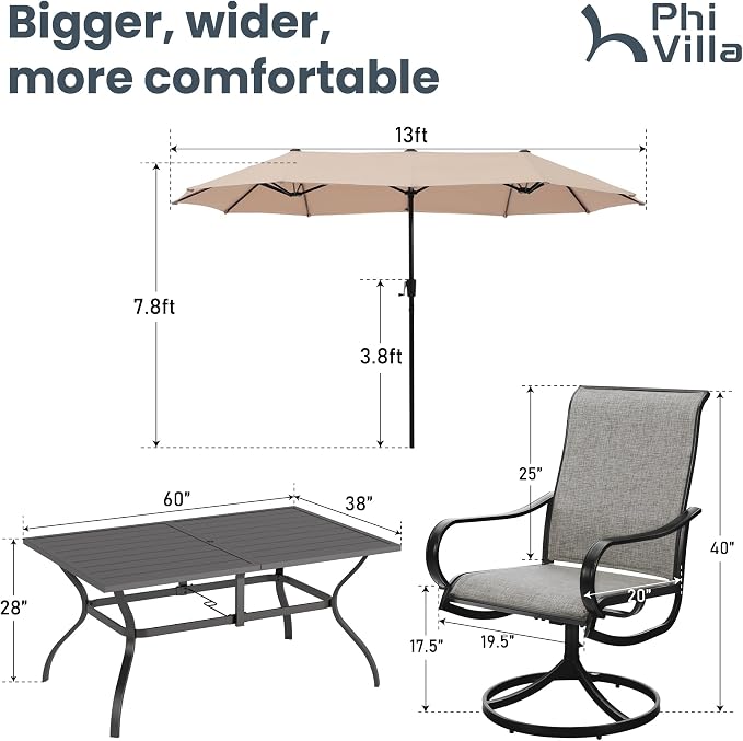 PHI VILLA Patio Dining Set with 13ft Umbrella for 6, Swivel Mesh Chairs | 60'' metal rectangular table, 6 brown outdoor textilene chairs and 13ft beige umbrella(NO BASE) for deck, garden, backyard