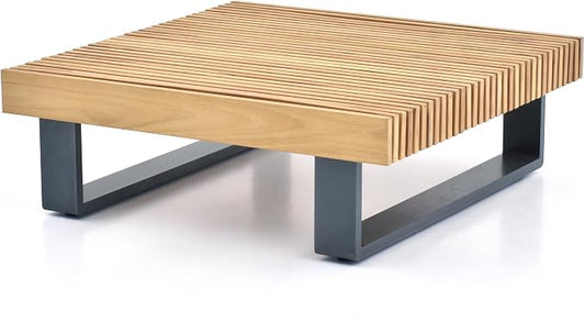 OTSUN Outdoor Coffee Table, Square Patio Dining Table with Teak Wood Slatted Top & Aluminum Frame Low Profile Patio Table for Backyard Poolside Balcony