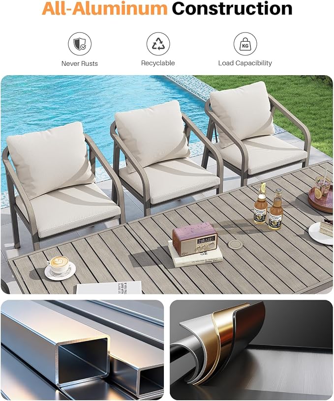 9-Piece Outdoor Dining Set, Never-Rust Aluminum Patio Dining Set with 2 Swivel Chairs, Patio Table and Chairs Set with Washable Cushions, Outdoor Furniture Set for Deck, Backyard, Gray Oak