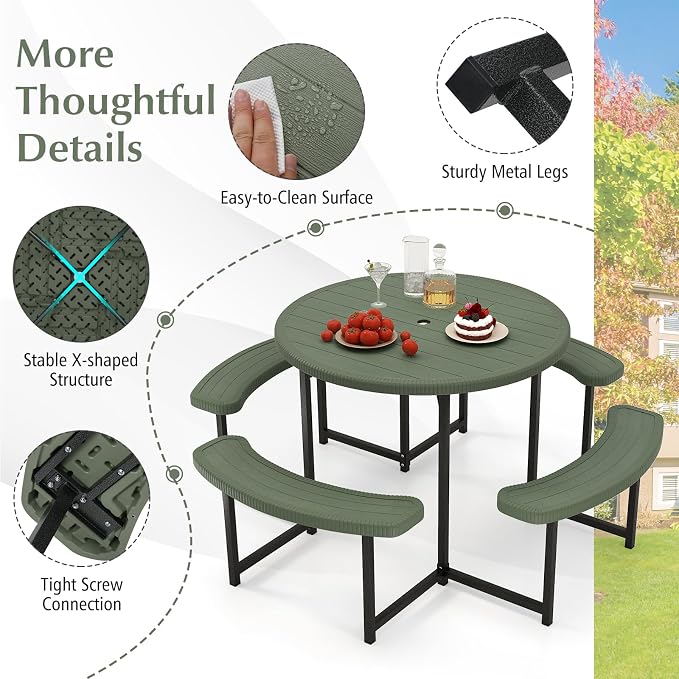 LDAILY Picnic Tables with Benches, Round Picnic Dining Table with 1520 lbs Capacity Metal Frame, HDPE Tabletop & Umbrella Hole, 8-Person Plastic Picnic Tables for Outdoors, Patio, Lawn, Yard (Green)