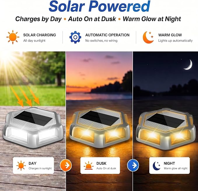 Solar Dock Lights Outdoor, 12 Pack Warm White Solar Deck Lights with 6 LEDs, IP65 Waterproof Solar Driveway Lights, Auto On/Off Deck Lights for Driveway, Pathway, Patio, Garden, Steps