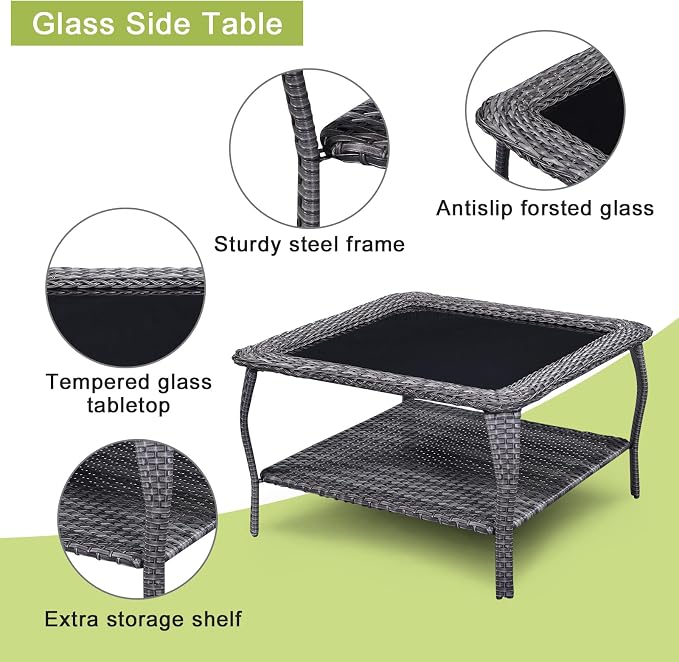 Patio Table Outdoor Coffee Tables - Rattan Wicker Coffee Table with Glass Top and 2-Tier Storage Shelf Square for Outdoor Patio Porch Deck Balcony Garden(Mixed Grey/Glass Top)