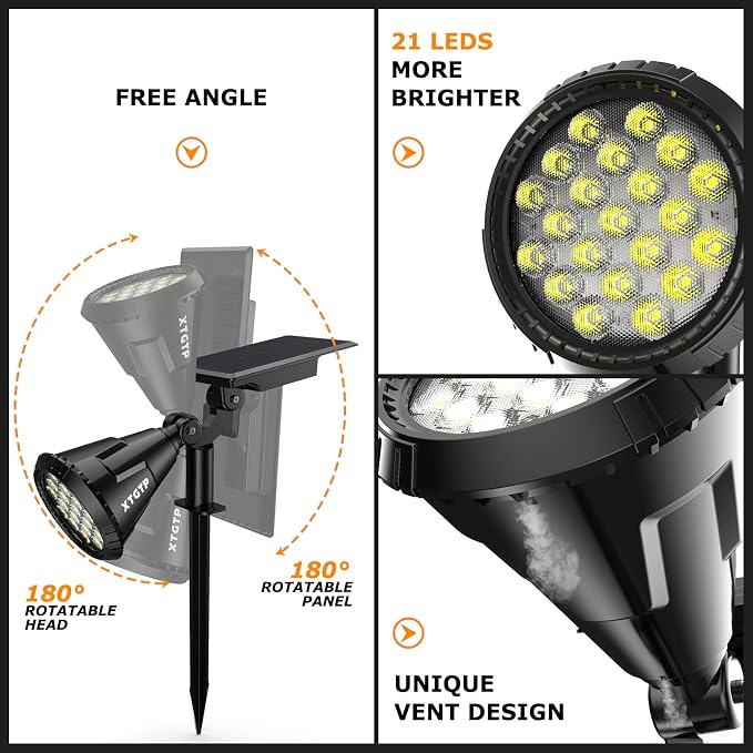 Solar Spot Lights Outdoor, 21 LEDs Brightness Solar Outdoor Lights IP67 Waterproof, 2-in-1 Adjustable Outdoor Lights Solar Powered for Yard Trees Patio Pathway Yard Flag - Cool White(6 Pack)