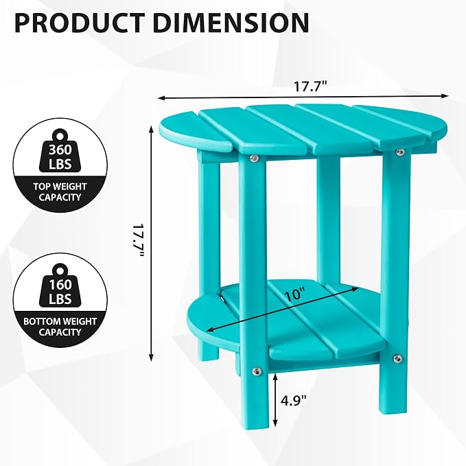 Sundale Outdoor 18" Round Small Side Table, Patio Adirondack End Table, 2 Tier Outside Table for Pool, Garden, Beach, Turquoise