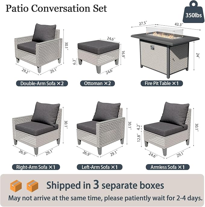 Outdoor Patio Furniture Set with Rattan Fire Pit Table 8-Piece Modular Wicker Sectional Sofa with Ottomans and Thick Cushions, Modern Rattan Outdoor Conversation Couch, Black