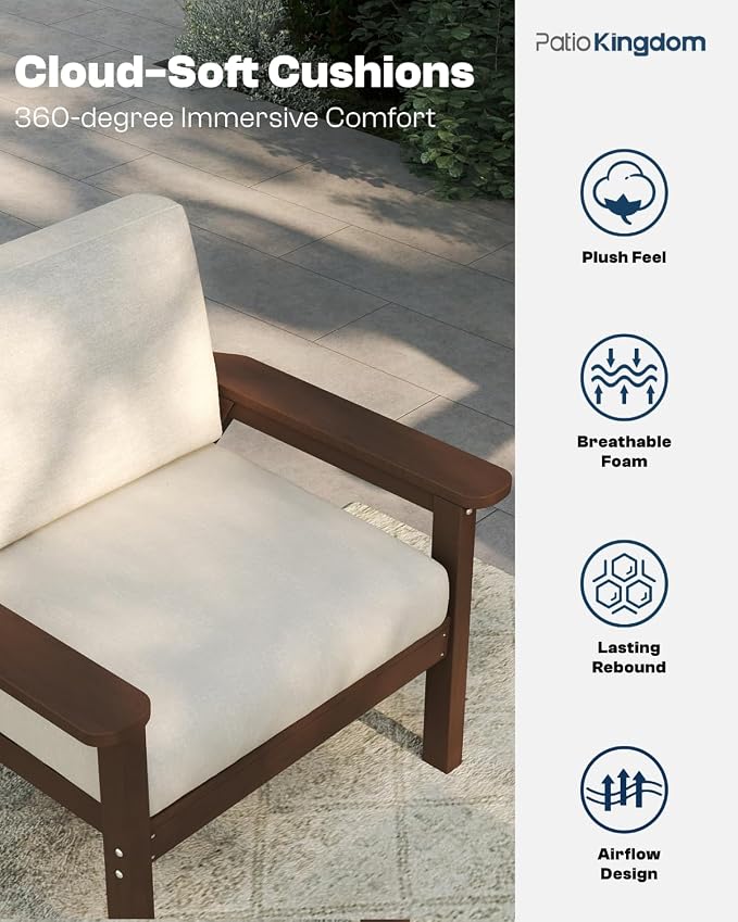 HDPE 7 Piece Patio Furniture Set, HDPE Outdoor Sectional with with Beige Thick Cushions, Coffee Table and Side Table, Patio Conversation Sets for Lawn, Garden, Porch (Brown Frame)