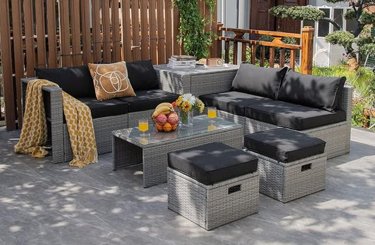 Tangkula 8 Piece Patio Wicker Furniture Set, Patiojoy Space Saving Outdoor PE Rattan Conversation Set with Storage Box & Waterproof Cover, Coffee Table, 2 Ottomans, 2 Armless Sofas & 2 Corner Sofas
