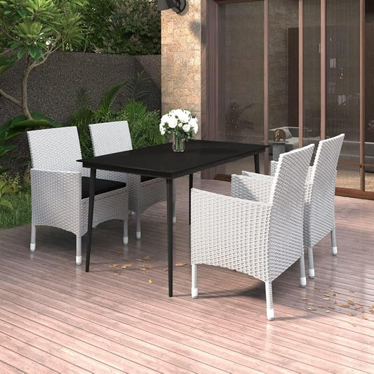 5 Piece Patio Dining Set, Outdoor PE Rattan Garden Furniture with Glass Table and 4 Cushioned Chairs, Weather-Resistant Metal Frame