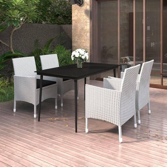 5 Piece Patio Dining Set with Cushions, White Poly Rattan and Black Glass Outdoor Table and Chairs Set for Garden, Backyard, Porch, Weather Resistant, Easy Assembly