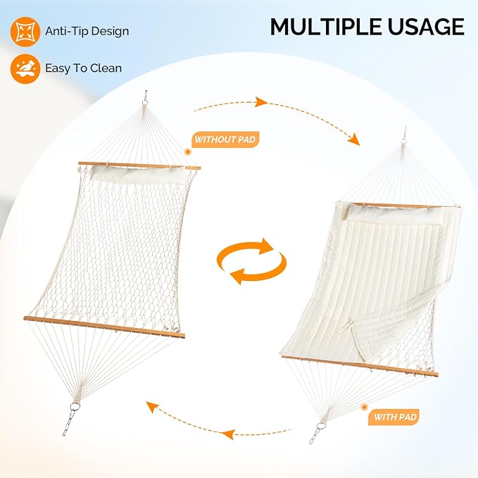 ONCLOUD Double Hammock with Stand for Outside, Rope Hammock with Pillow and Pad, Heavy Duty Hammock Set for Backyard, 550 LBS (White)