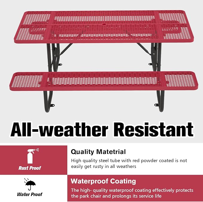 Picnic Tables for Outdoors with Umbrella Hole-Coated Steel Heavy Duty Commercial Grade Table with Seats,Commercial Metal Picnic Tables,Heavy Rectangular Furniture Set for a Lifetime (red)