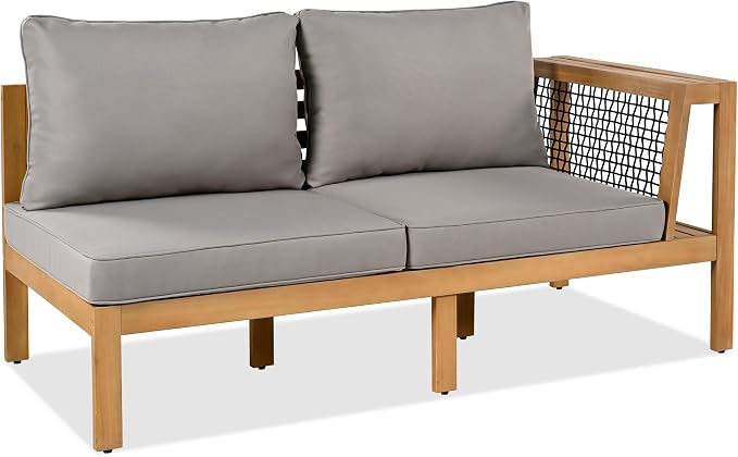 4 Pieces Outdoor Acacia Wood Sofa Set,Woven Mesh Armrests, L-Shaped Patio Furniture Sofa Set with Coffee Table, Outdoor Conversation Set (Gray+Natural#49)