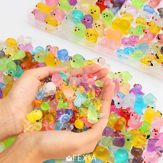 FEXIA 100 Pcs Luminous Mini Resin Animals 20 Types Glow in the Dark Tiny Figurines Bulk Set for DIY Garden Aquarium Micro Landscape and Party Decoration Desk Pets and Miniature Accessories