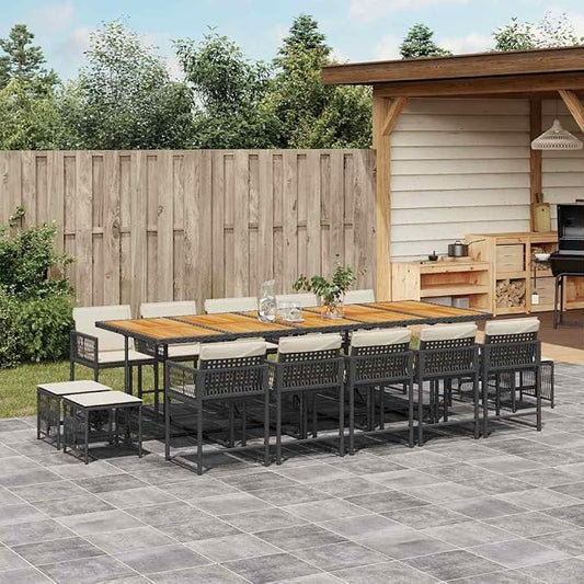 Garden Dining Set Black and Brown 14-Seater Outdoor Rattan Table and Chairs with Cushions for Patio Backyard Balcony
