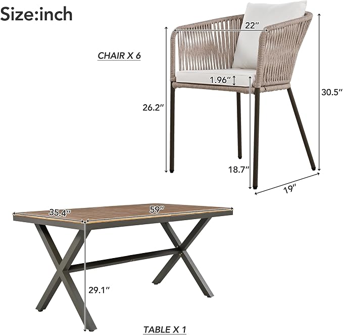 7 Pieces Patio Dining Set, All-Weather Outdoor Furniture Set with Dining Table and Chairs, Acacia Wood Tabletop, Metal Frame, for for Garden, Backyard, Balcony, Beige