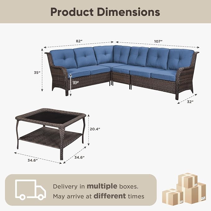 Belord Patio Furniture Set 6 Seats, Oversized Outdoor Sectional Couch, Two 3-Seater Sofas with Coffee Table, Patio Conversation Sets,Ideal for Porch, Deck, Brown Wicker/Blue