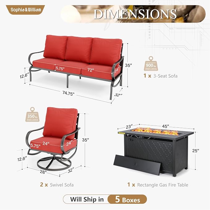Sophia & William Patio Furniture Sets with 45" Gas Fire Pit Table Outdoor Metal Conversation Sets for 5, 2 x Swivel Cushioned Patio Sofa Chairs, 1 x 3-Seat Sofa 4 Pieces for Lawn Backyard Red