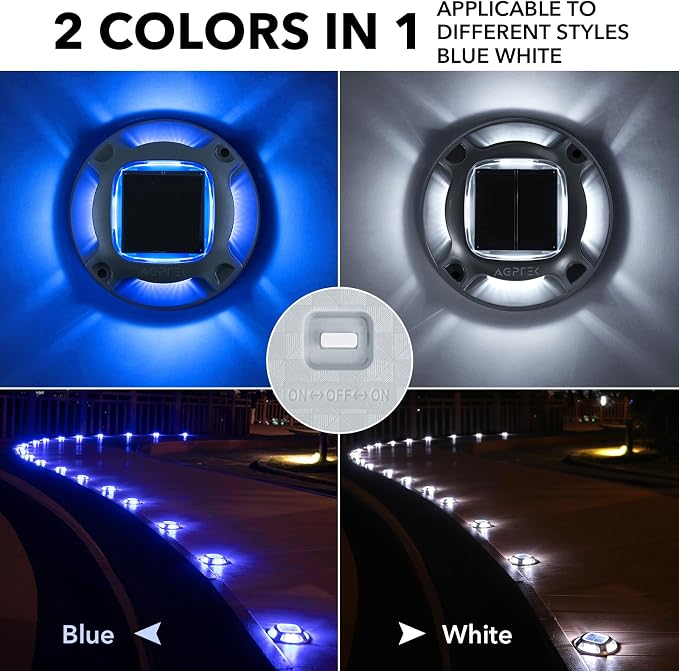 AGPTEK Solar Driveway Lights Outdoor 4 Pack, 2 Color Modes LED Deck Dock | Marine Waterproof Driveway Marker Lights for Step Sidewalk Stair Garden Pathway Walkway Yard (Blue Light/Cool White)