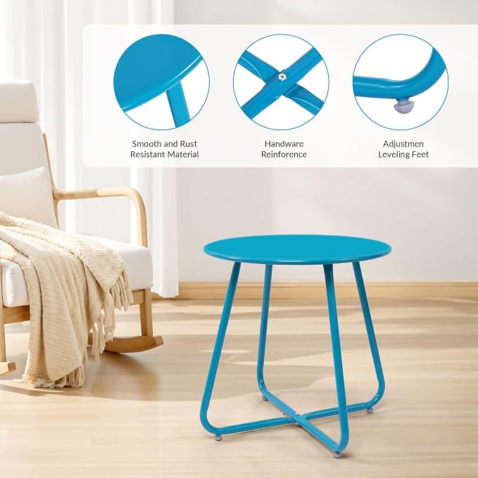 Patio Small Side Table Waterproof Round Metal Steel Weather Resistant Portable Outdoor and Indoor End Table for Garden Balcony Yard,Sky Blue(4 PCS)