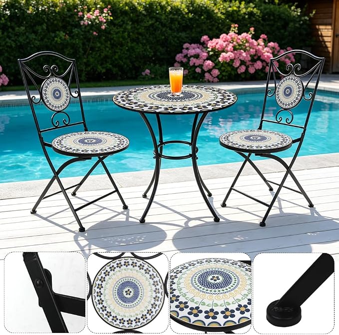 3 Piece Bistro Sets Mosaic Tile Round Table Folding Chairs Garden | Set of 3 Patio Furniture 23.6" Table and 2 Chairs Outdoor Bistro Chairs Artistic Table for Balcony Porch Apartment Backyard