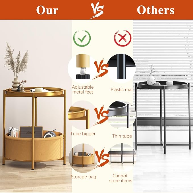 Garden 4 you Side Table with Fabric Storage Basket, Round Metal End Table, Small Bedside Table Nightstand with Removable Tray, for Nursery, Living Room, Bedroom, Bathroom, Gold