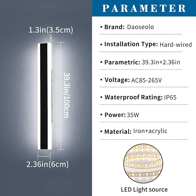 39.3inch Modern Outdoor Wall Light, Black Outside LED Long Wall Sconce, 6000K Cold White, 36W, IP65 Waterproof, Wall Mount Linear Exterior Lighting Fixture for House, Garage, Porch, Garden