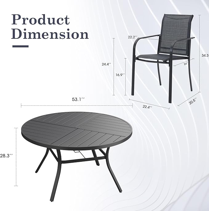 Patio Table and Chairs Sets for 8, Outdoor Dining Set with 8 Stackable Dining Chairs and 54" x 54" Round Thick Slatted Table for Backyard, Deck, Lawn, Garden, Grey & Black