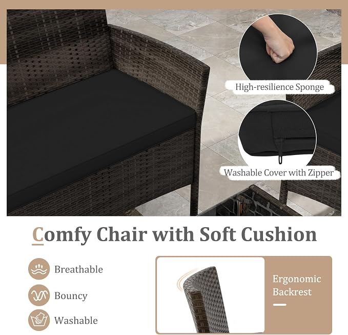 4 Piece Patio Furniture Set, Sectional Conversation Sofa Set with Glass Coffee Table, Cushions & Loveseat, Wicker Outdoor Table and Chairs for Pool, Garden, Deck, Backyard (2, Black)