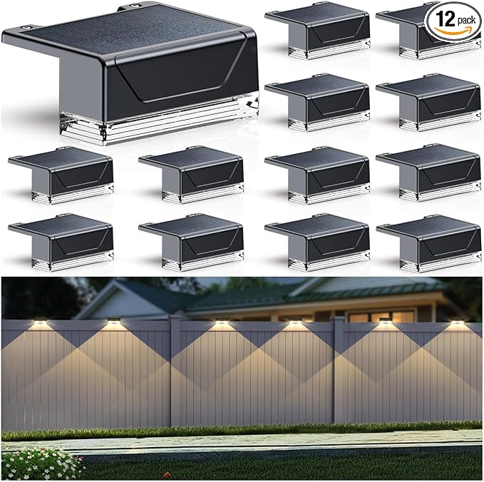 Solar Fence Lights Outdoor - 3000/4000/6000K 3 Mode, IP65 Waterproof Fence Lights Solar Powered, Dusk to Dawn Solar Light for Outside, Backyard/Step/Patio/Deck/Stair Railings and Wall (12 pack)