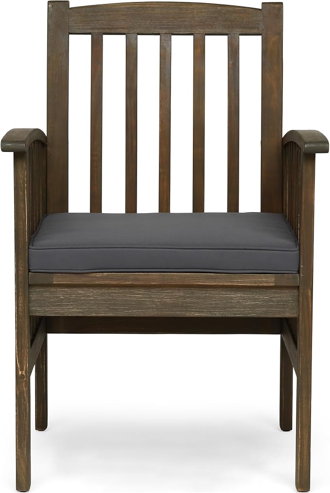 Christopher Knight Home Casa Outdoor Acacia Wood 5 Piece Dining Set with Round Table and Water Resistant Cushion, Gray Finish and Dark Gray