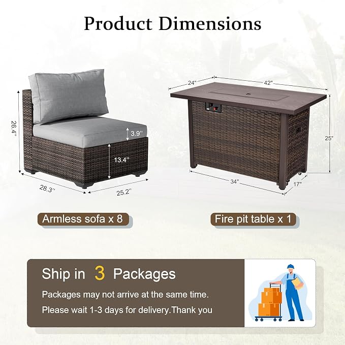 9 Pieces Outdoor Sectional Patio Furniture Set with Fire Pit Table PE Rattan Wicker Patio Sectional Armless Conversation Set with Cushions Grey
